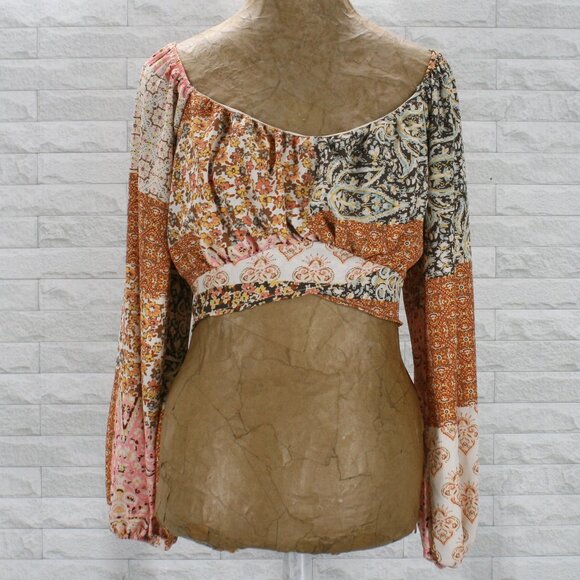 ALTAR'D STATE Top Tie Back Cropped Cut Out Detail Patchwork Fall Long Sleeve LG - Picture 1 of 12